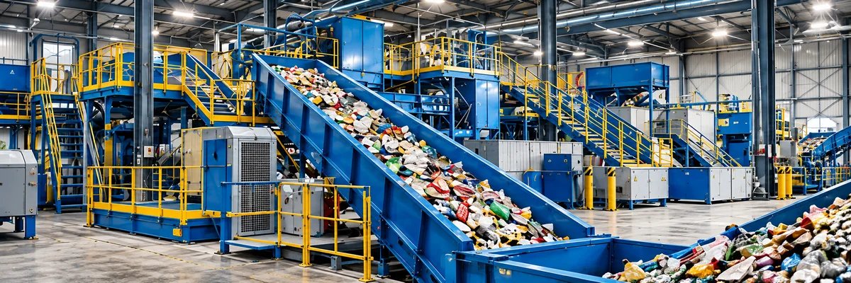 Sortieranlage mit blauen Förderbändern und gelben Geländern